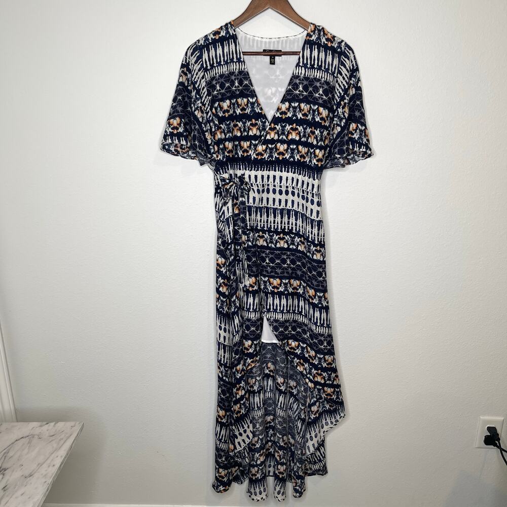 Jessica Simpson Boho Maxi Dress Medium Blue Cream V-Neck Short Sleeve Flowy